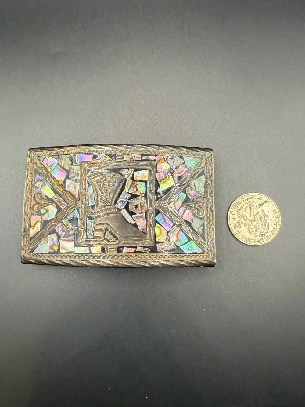 Vintage Sterling Silver Mexico Abalone Inlay Western Belt Buckle Boot Jewelry